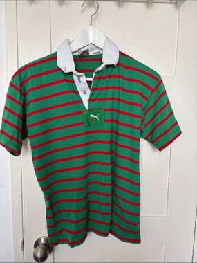 Puma Green and Red Striped Polo with White Contrast Collar